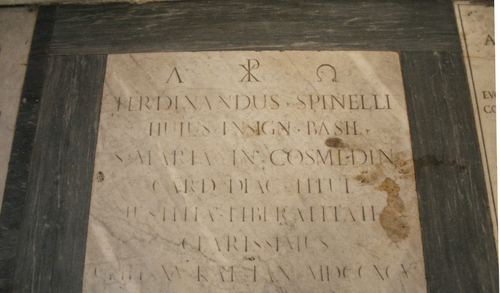 Ferdinando Spinelli, Grabmal in S. Maria in Cosmedin, Inschrift erster Teil