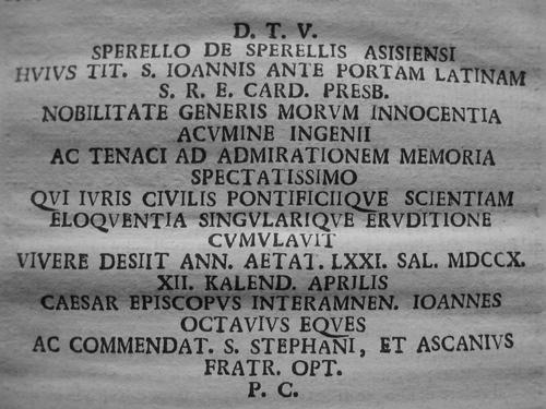 Sperello Sperelli, Grabmal S. Giovanni a Porta Latina, Inschrift